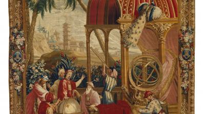 Artwork, Beauvais Manufactory (French, founded 1664), Woven under the direction of Philippe Béhagle (French, 1641–1705), After cartoons by Guy-Louis Vernansal (French, 1648–1729), painter, et al. Tapestry: Les Astronomes, from L'Histoire de l'empereur de la Chine Series. ca. 1697–1705. Wool and silk, modern cotton lining. 318.8 × 424.2 cm. The J. Paul Getty Museum, Los Angeles, 83.DD.338. CC0 1.0 Universal.